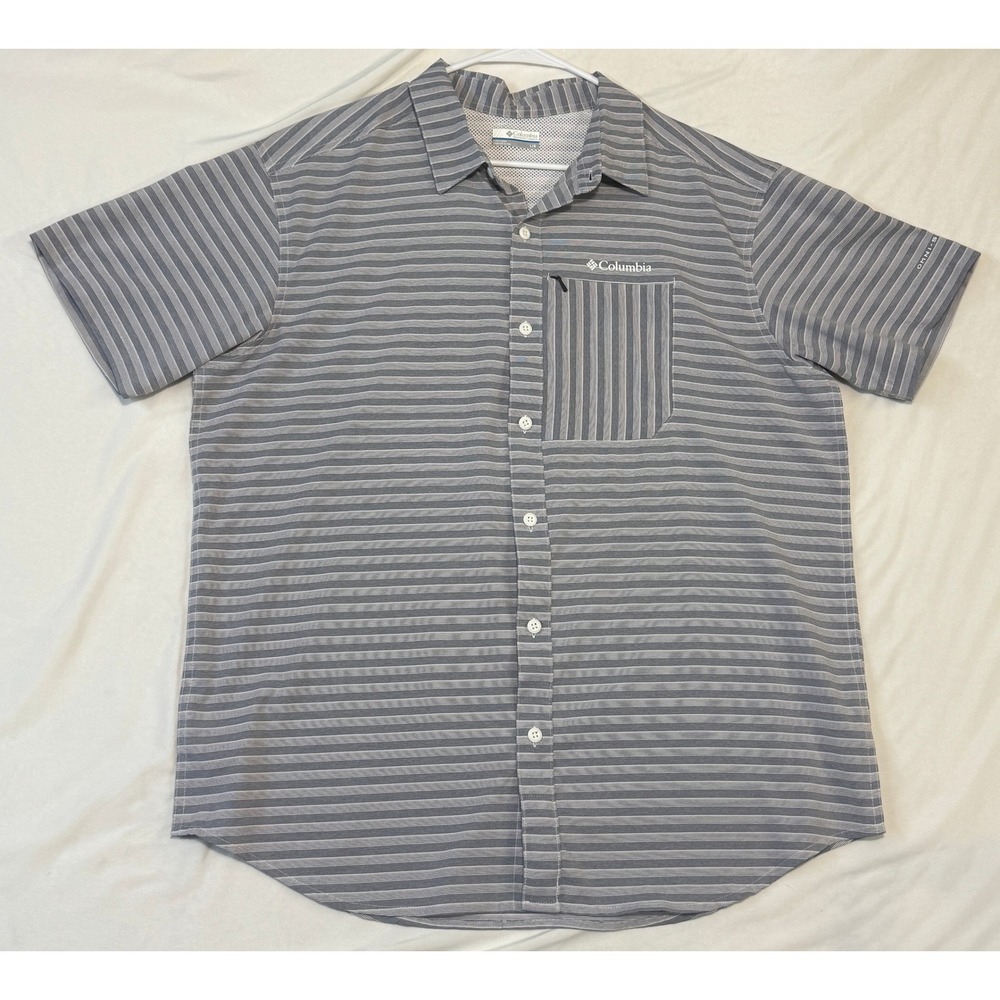Columbia Mens Omni-Shade Striped Short Sleeve Button Up Shirt Grey Large AM0669